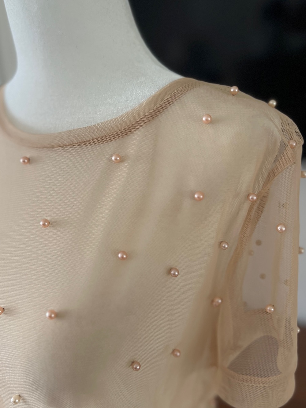 Zara Sheer Pearl Embellished Mesh Top Cream Bridal Coquette S